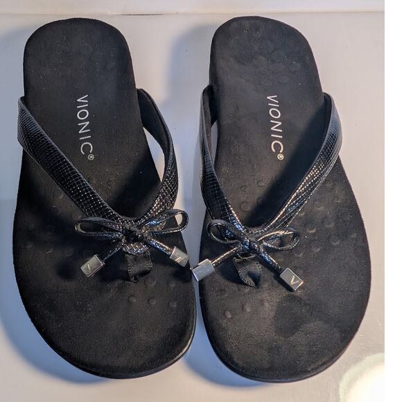 VIONIC Bella Toe Post Flip Flop Sandals with Bow Black Lizard Reptile Women's 7 - Picture 5 of 15